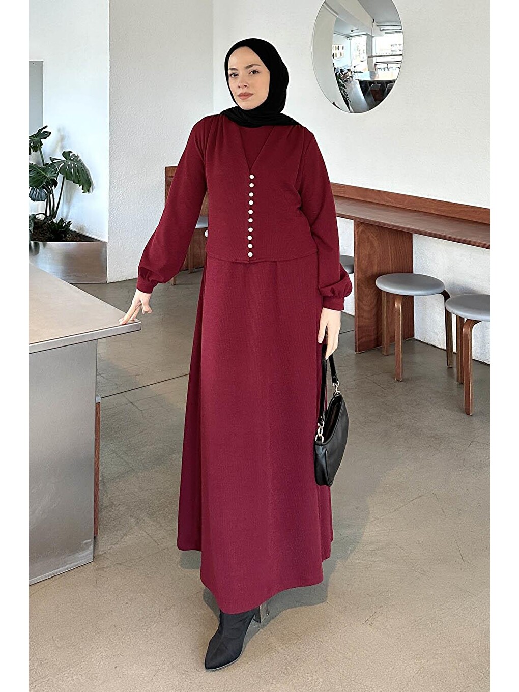 Düğme Detaylı Hırka Tesettür Takım Bordo