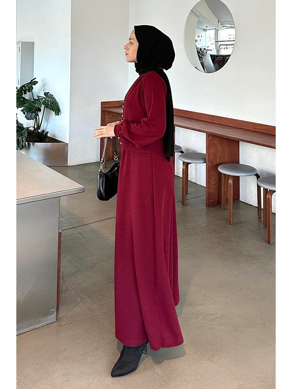 Düğme Detaylı Hırka Tesettür Takım Bordo-1
