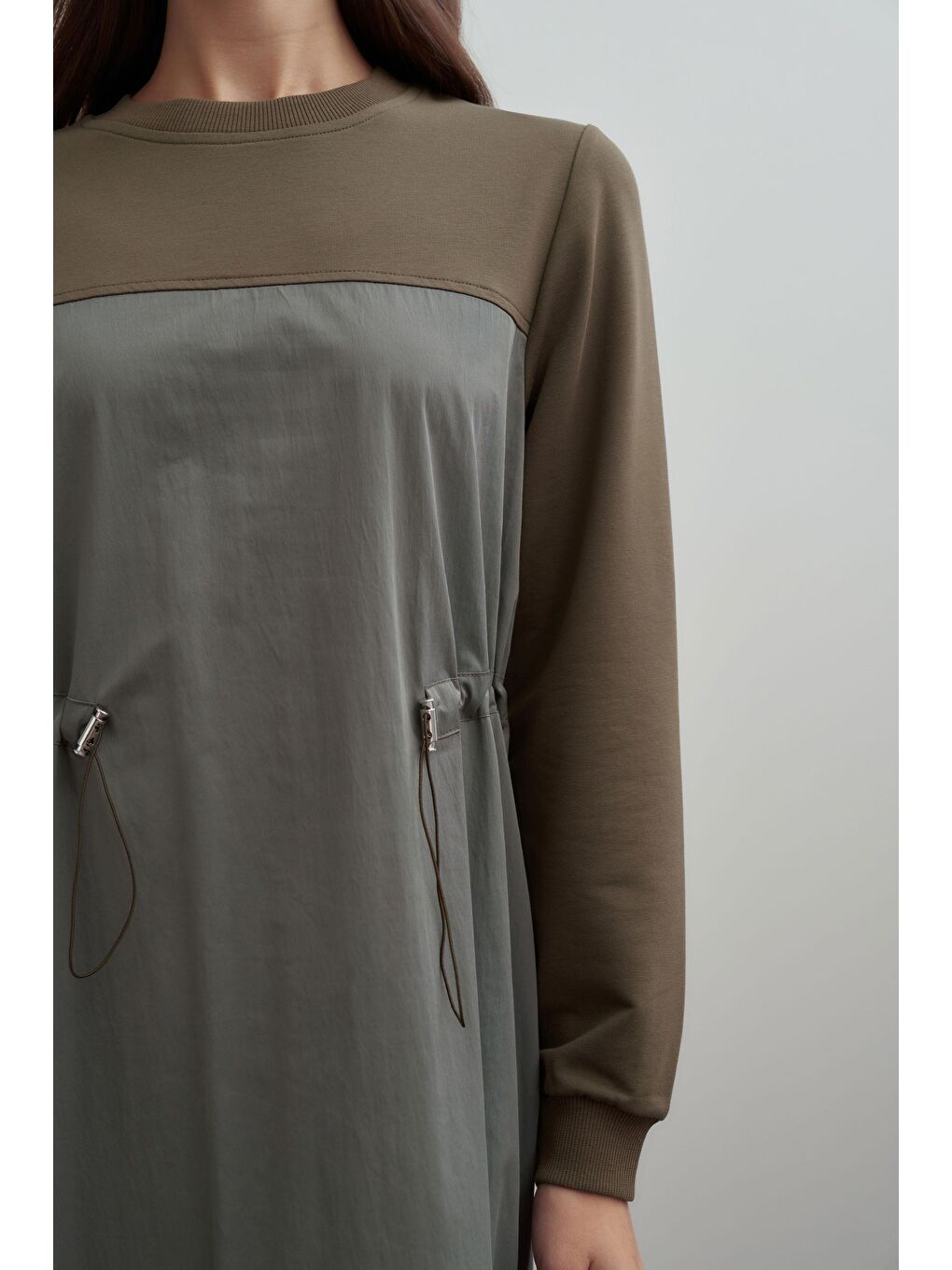 Haki-Pamuklu Lastikli Bel Ayarlı Elbise-2