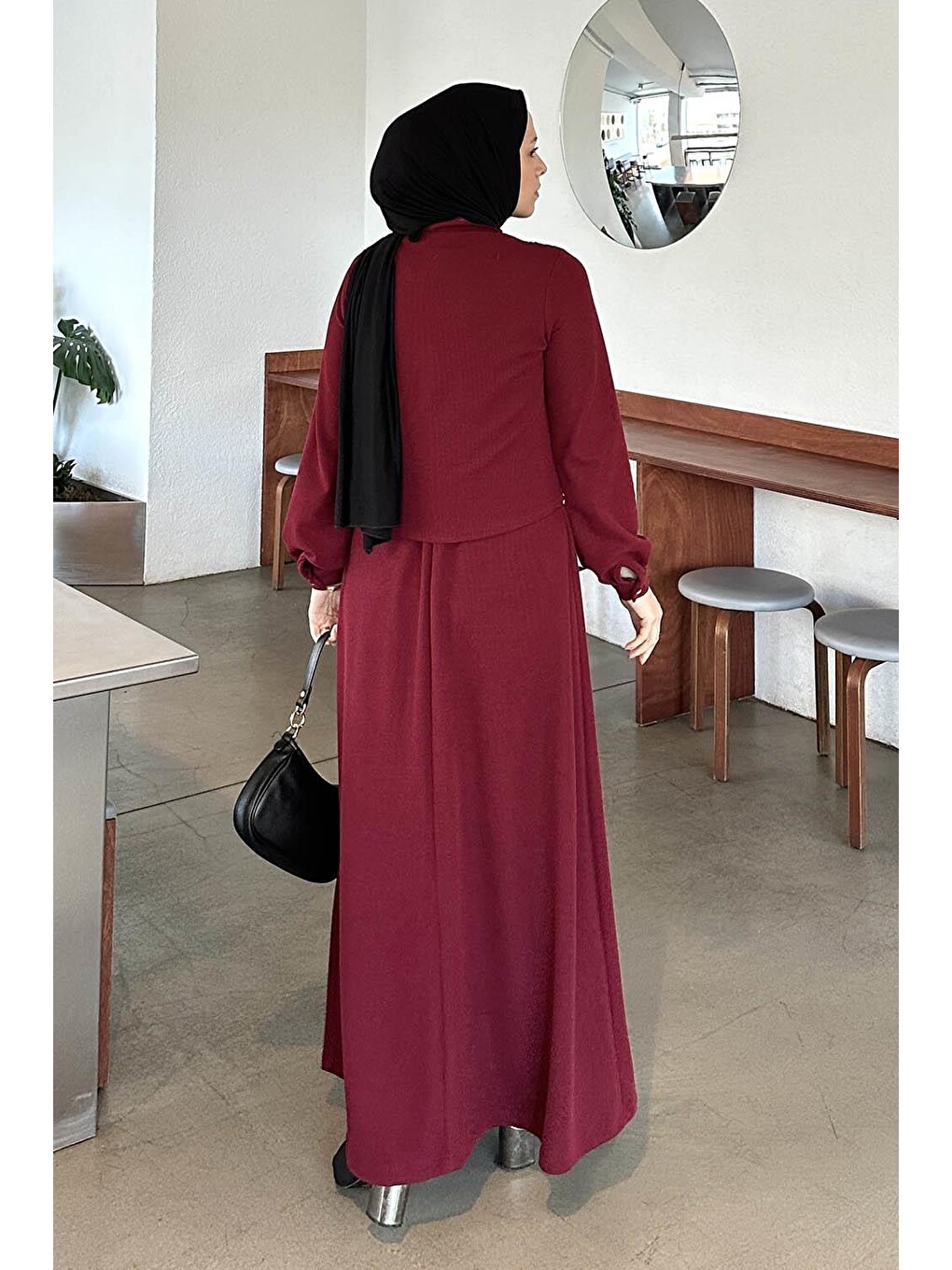 Düğme Detaylı Hırka Tesettür Takım Bordo-3