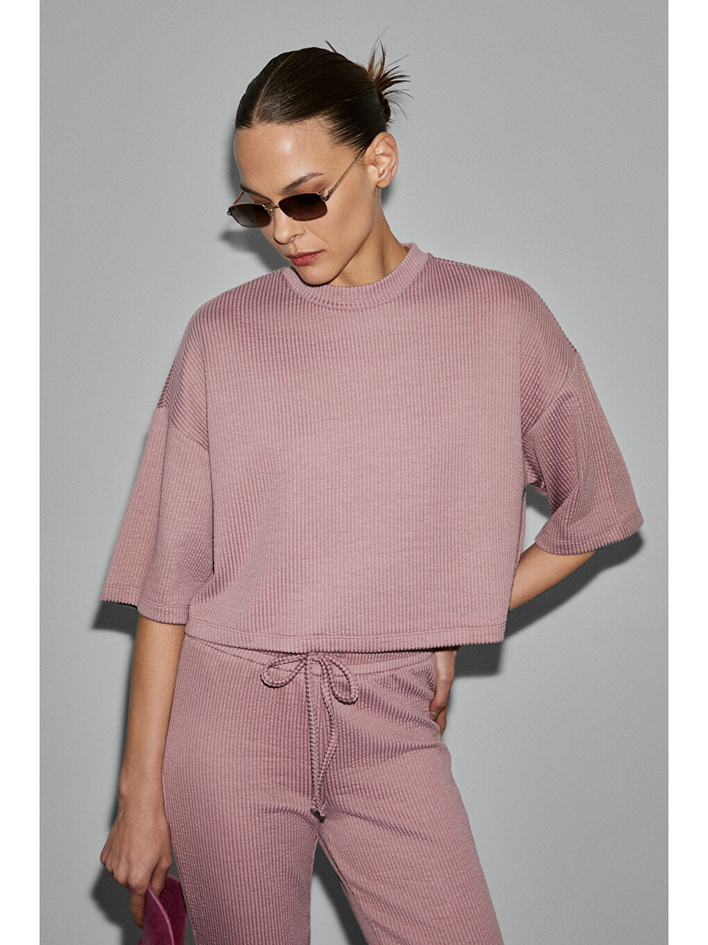 Prıme Kadın Organik Pamuklu Bisiklet Yaka Kısa Kollu Oversize Crop Pembe T-shirt-2