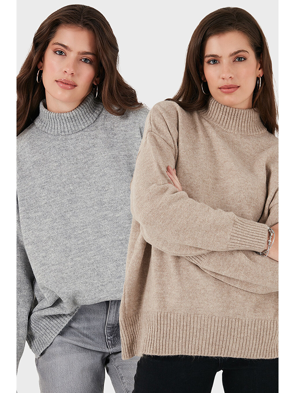 Kahverengi Oversize Fit Balıkçı Yaka Yumuşak Dokulu 2'li Paket Triko Kazak 680KZ00469S2