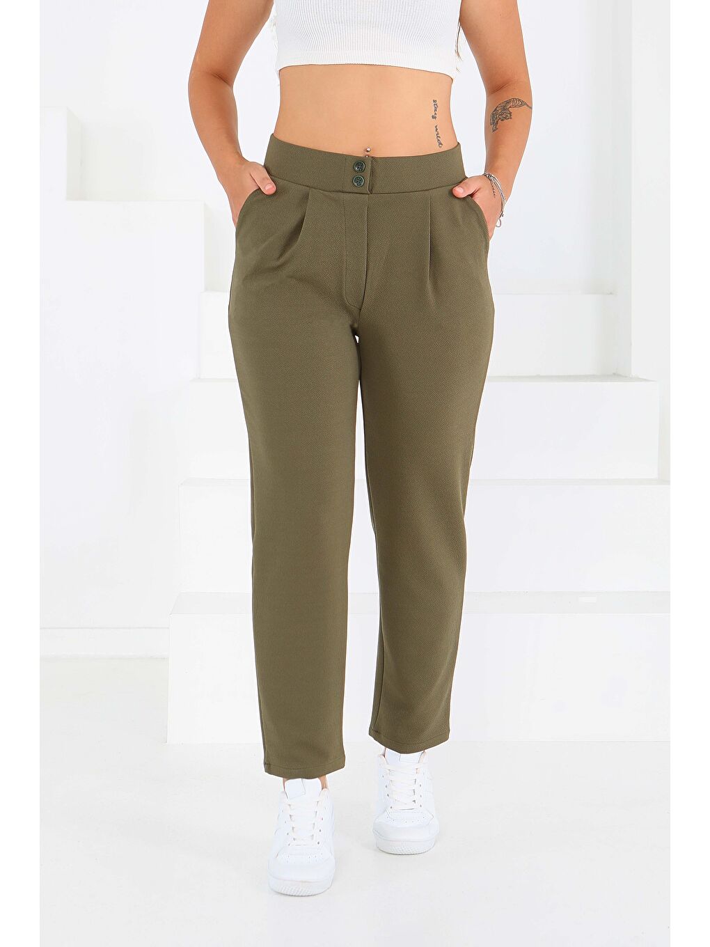 Çift Düğmeli Spor Pantolon Haki - 27352-3