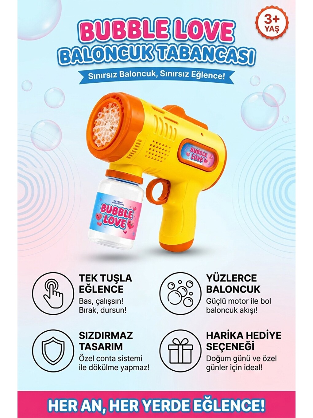 Pilli Köpük Tabancası Otomatik Baloncuk Makinesi Işıklı Sızdırmaz Köpük Üfleyici 3+ Yaş Sarı