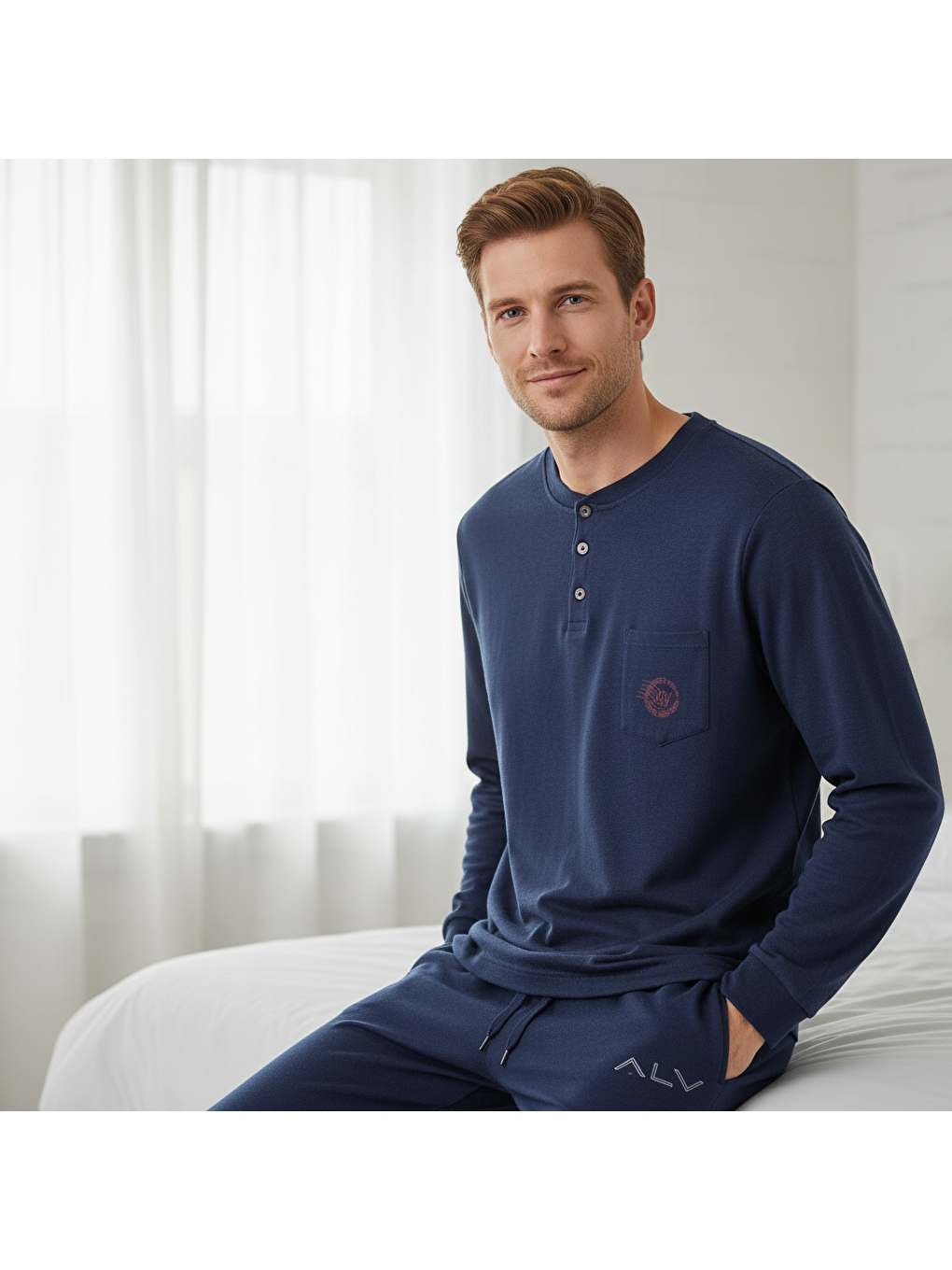 Erkek Pamuklu Lacivert Renk Pijama Takımı Al007 V1-1