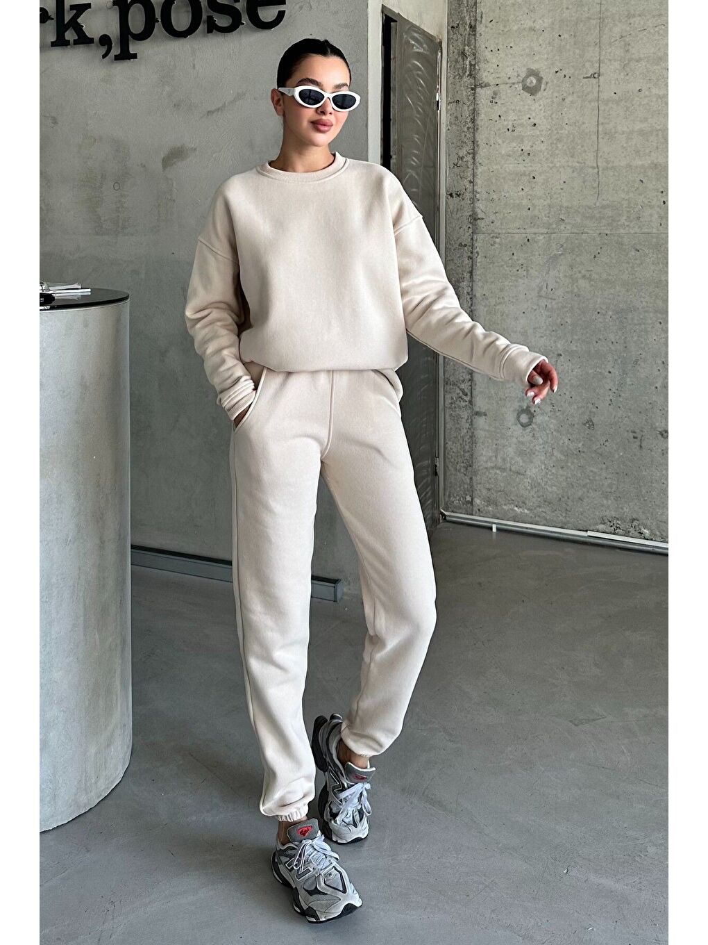 Kadın Erkek Bej Bisiklet Yaka Düz Oversize Alt-Üst Eşofman Takımı