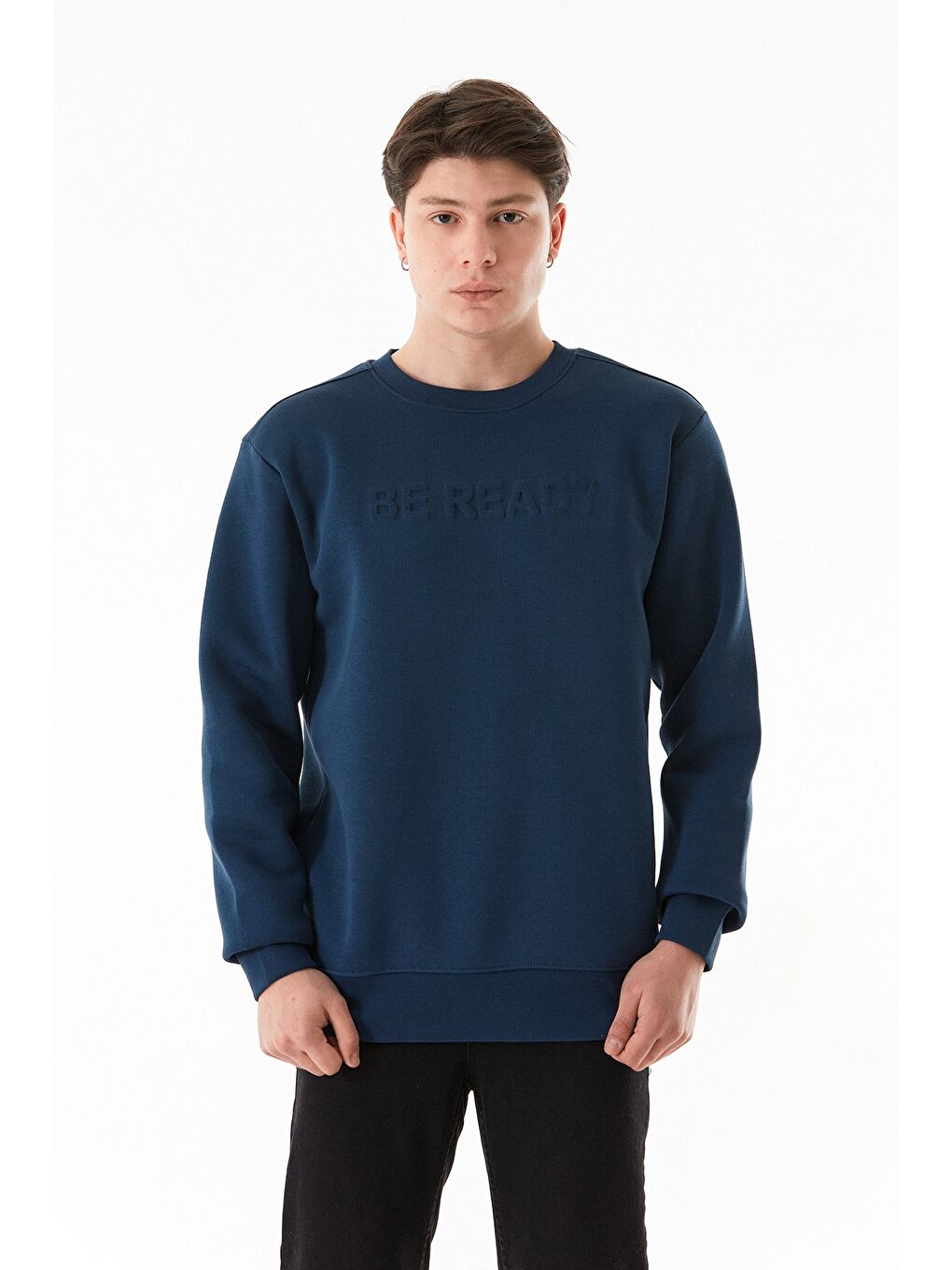 Lacivert 3 İplik Be Ready Yazı Kabartmalı Bisiklet Yaka Sweatshirt
