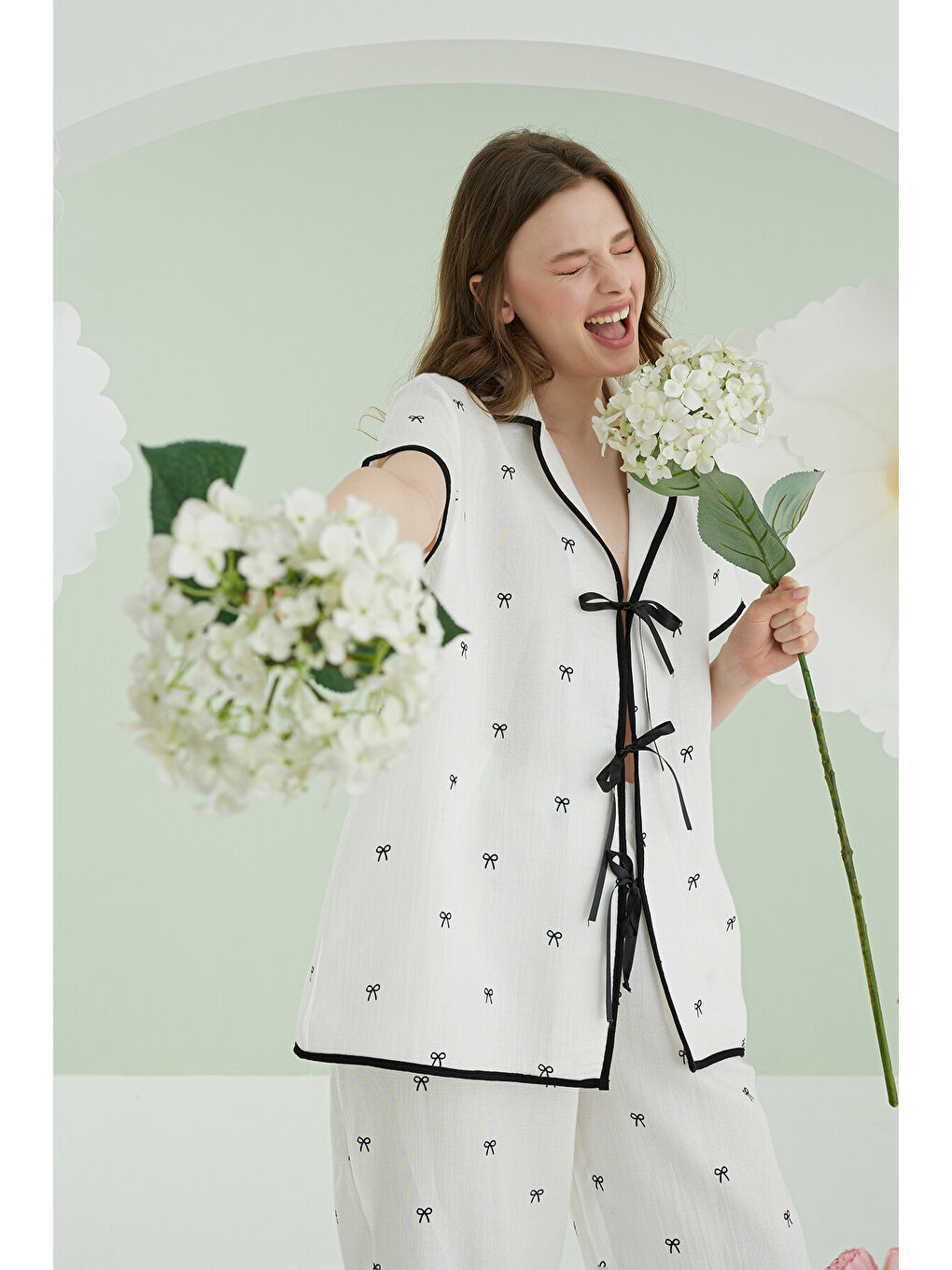 Ekru Kurdele Önden Bağlamalı Pijama Takımı-2