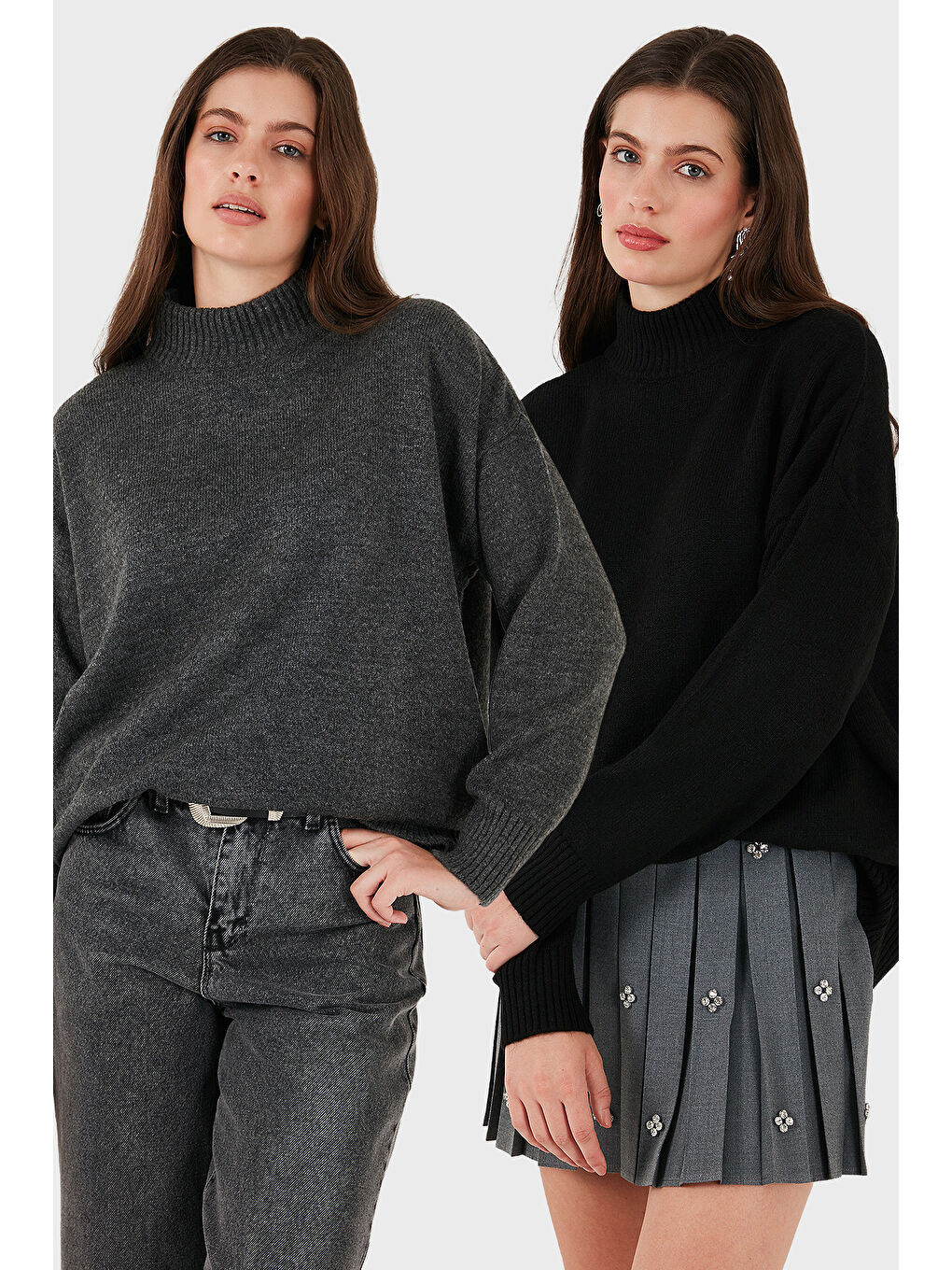 Siyah Oversize Fit Balıkçı Yaka Yumuşak Dokulu 2'li Paket Triko Kazak 680KZ00469S2