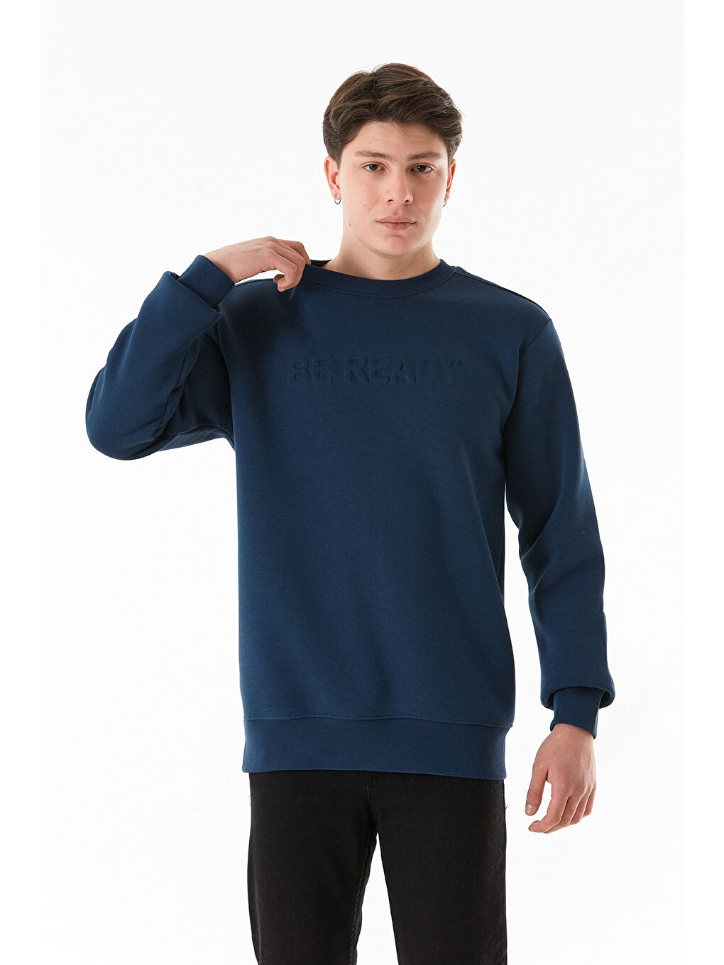 Lacivert 3 İplik Be Ready Yazı Kabartmalı Bisiklet Yaka Sweatshirt-1