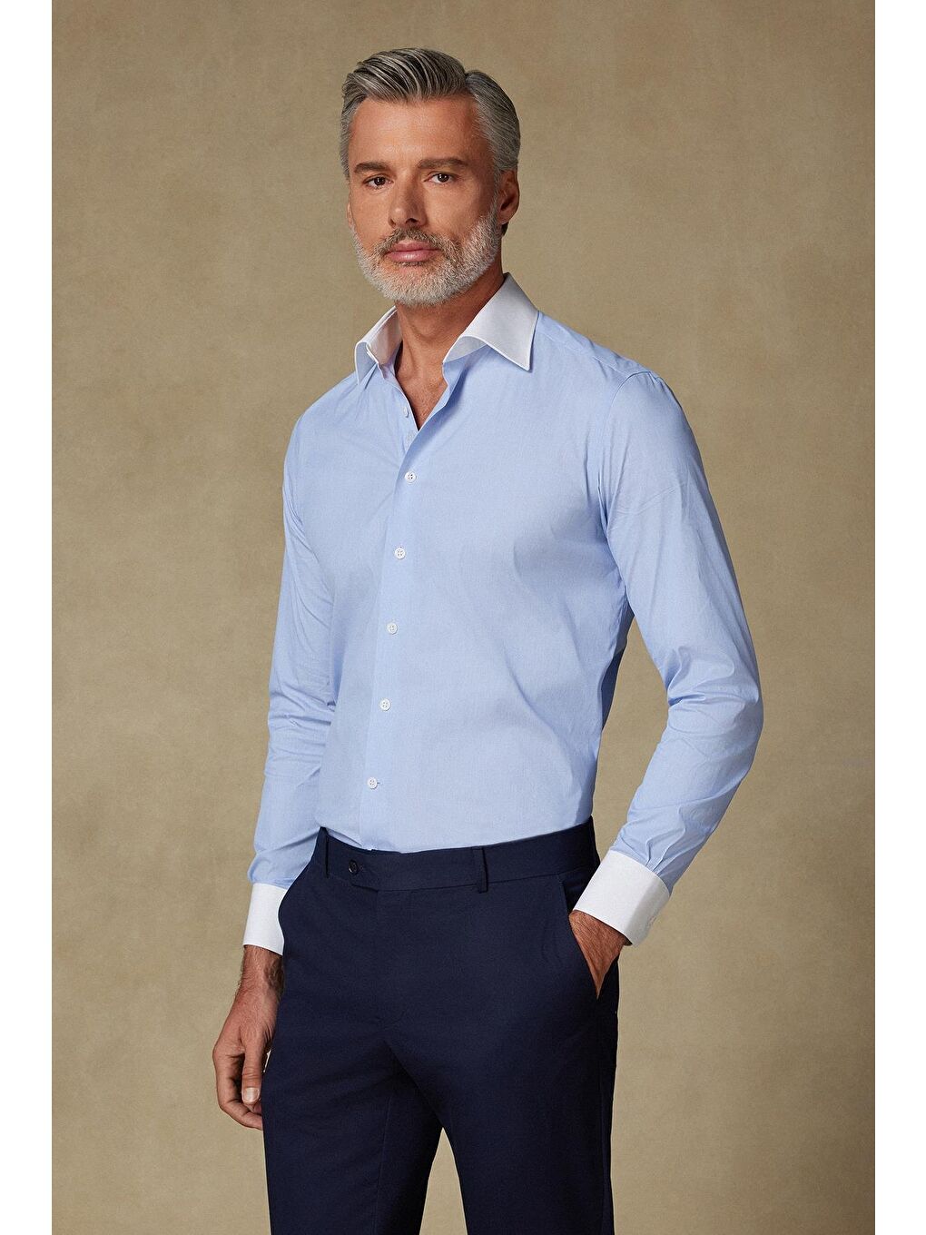 Sartoria Poplin Stretch Pamuk Karışımlı Slim Fit Mavi İtalyan Yaka Erkek Düz Gömlek