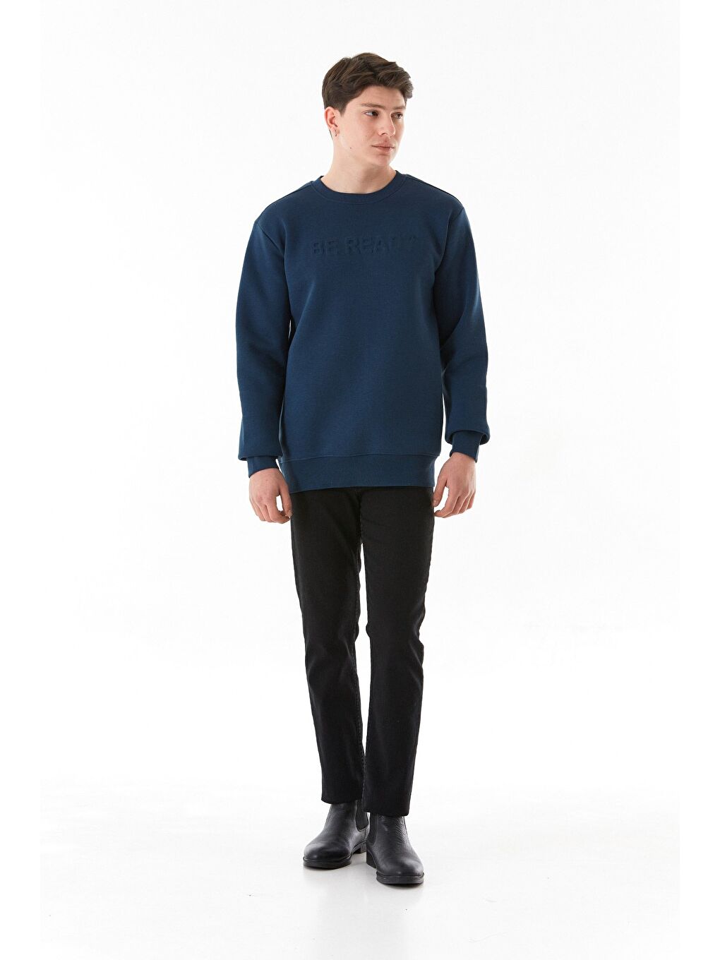 Lacivert 3 İplik Be Ready Yazı Kabartmalı Bisiklet Yaka Sweatshirt-2