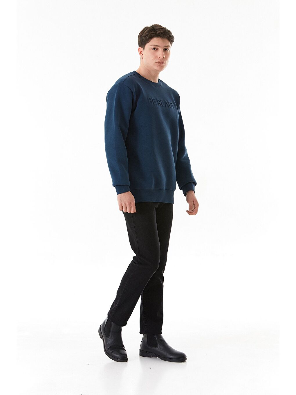 Lacivert 3 İplik Be Ready Yazı Kabartmalı Bisiklet Yaka Sweatshirt-3