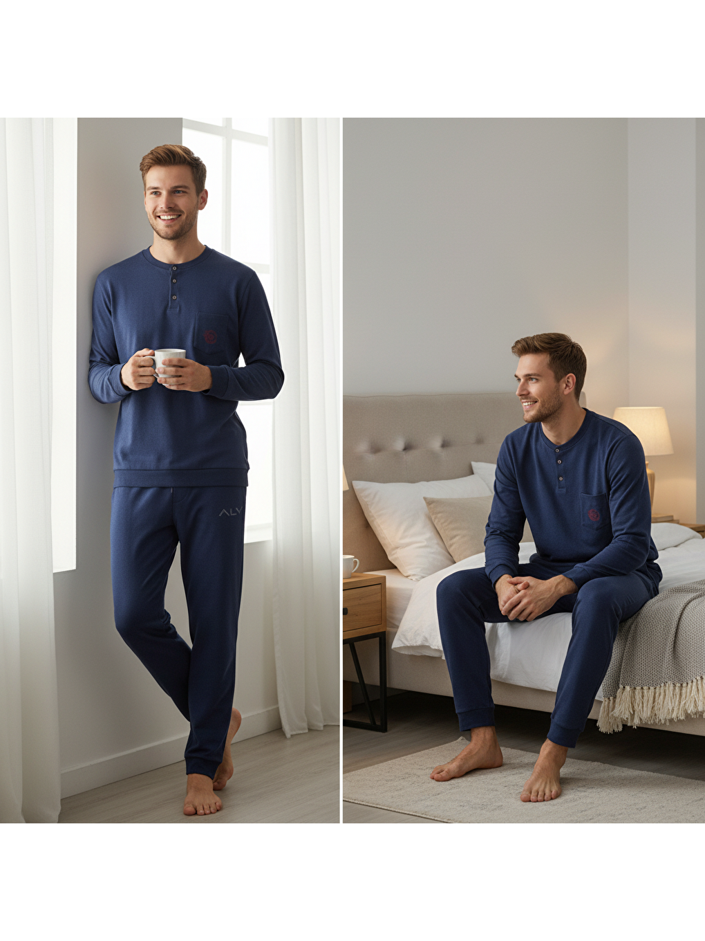 Erkek Pamuklu Lacivert Renk Pijama Takımı Al007 V1-2