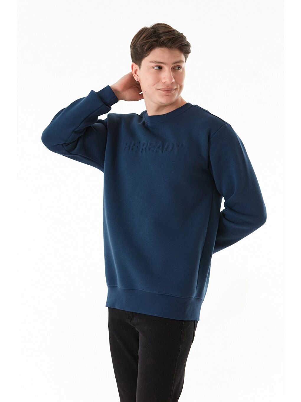 Lacivert 3 İplik Be Ready Yazı Kabartmalı Bisiklet Yaka Sweatshirt-4