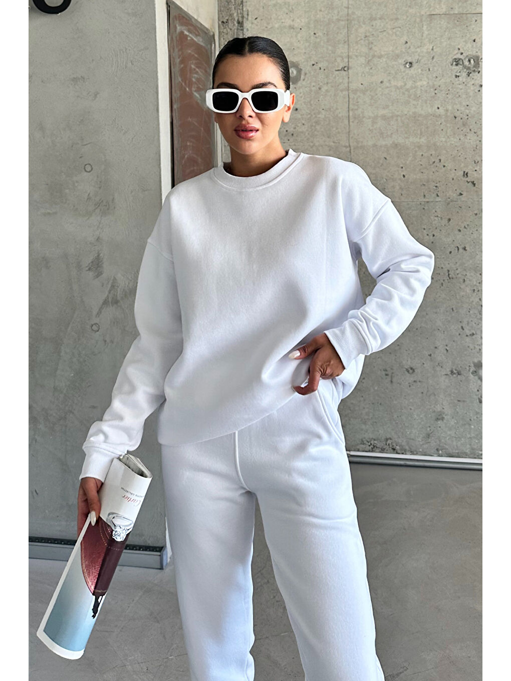 Kadın Erkek Beyaz Bisiklet Yaka Düz Oversize Alt-Üst Eşofman Takımı-6