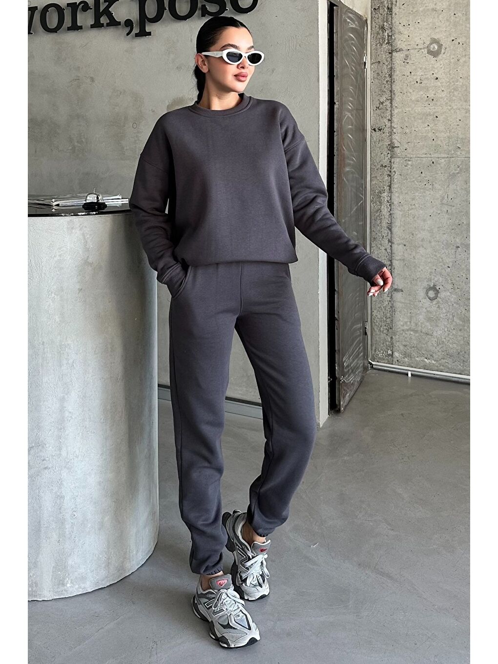 Kadın Erkek Antrasit Bisiklet Yaka Düz Oversize Alt-Üst Eşofman Takımı