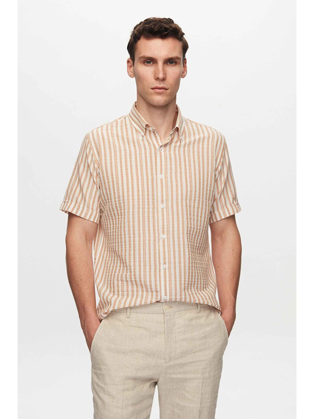 Slim Fit Bej Gofre Çizgili Kısa Kollu Yazlık Gömlek-2