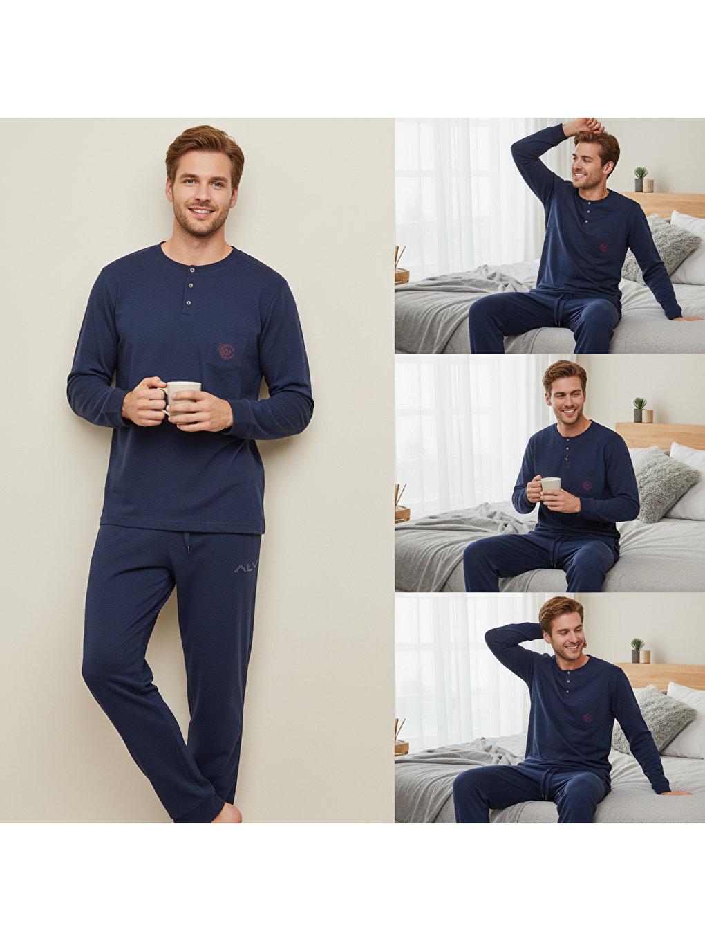 Erkek Pamuklu Lacivert Renk Pijama Takımı Al007 V1-3