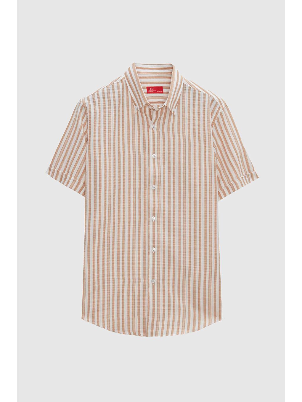 Slim Fit Bej Gofre Çizgili Kısa Kollu Yazlık Gömlek-4