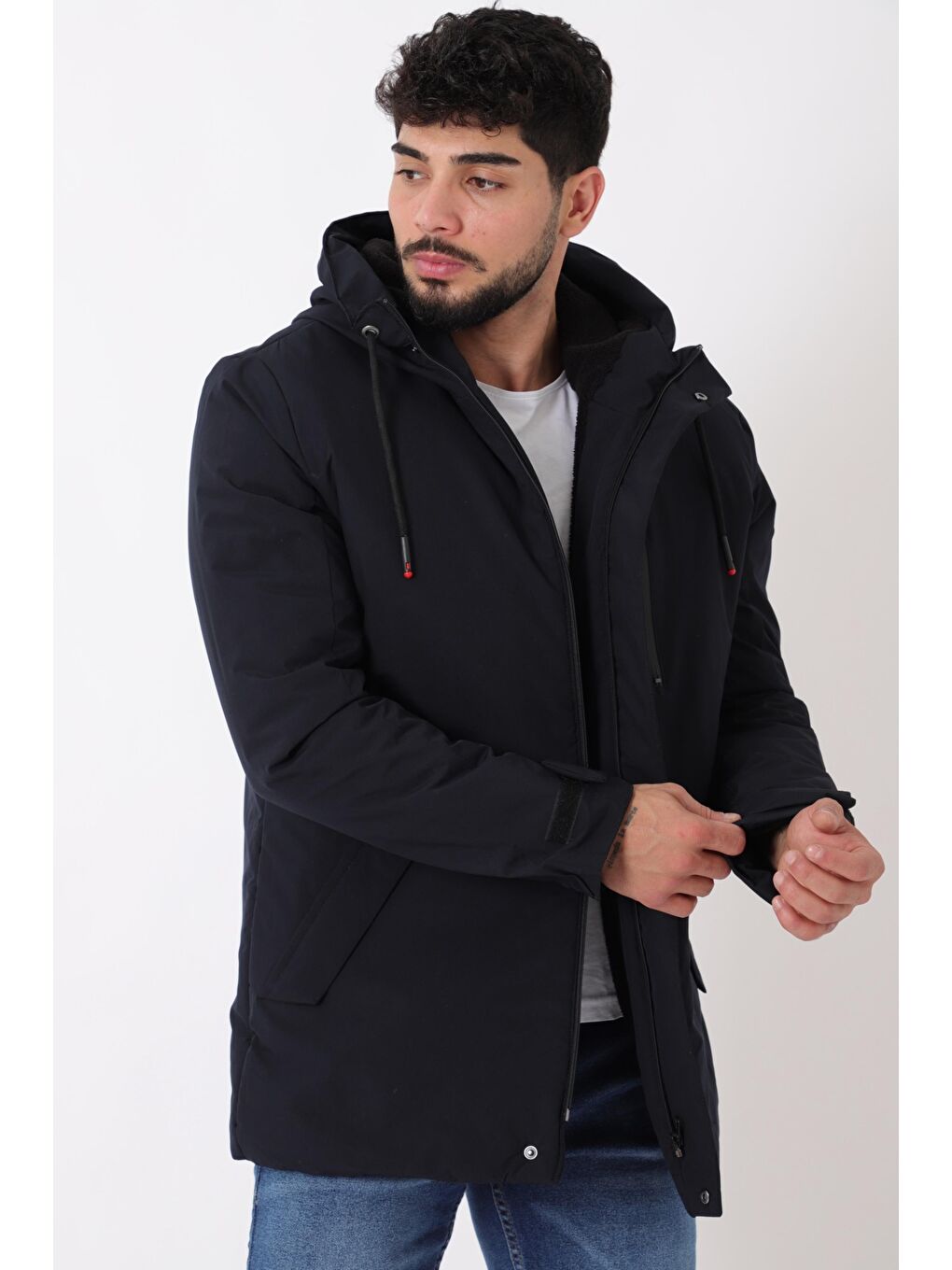 Lacivert Sporlikra Kumaş Tasarım Cep Kışlık Kapüşonlu Mont PLDP 3013_50458