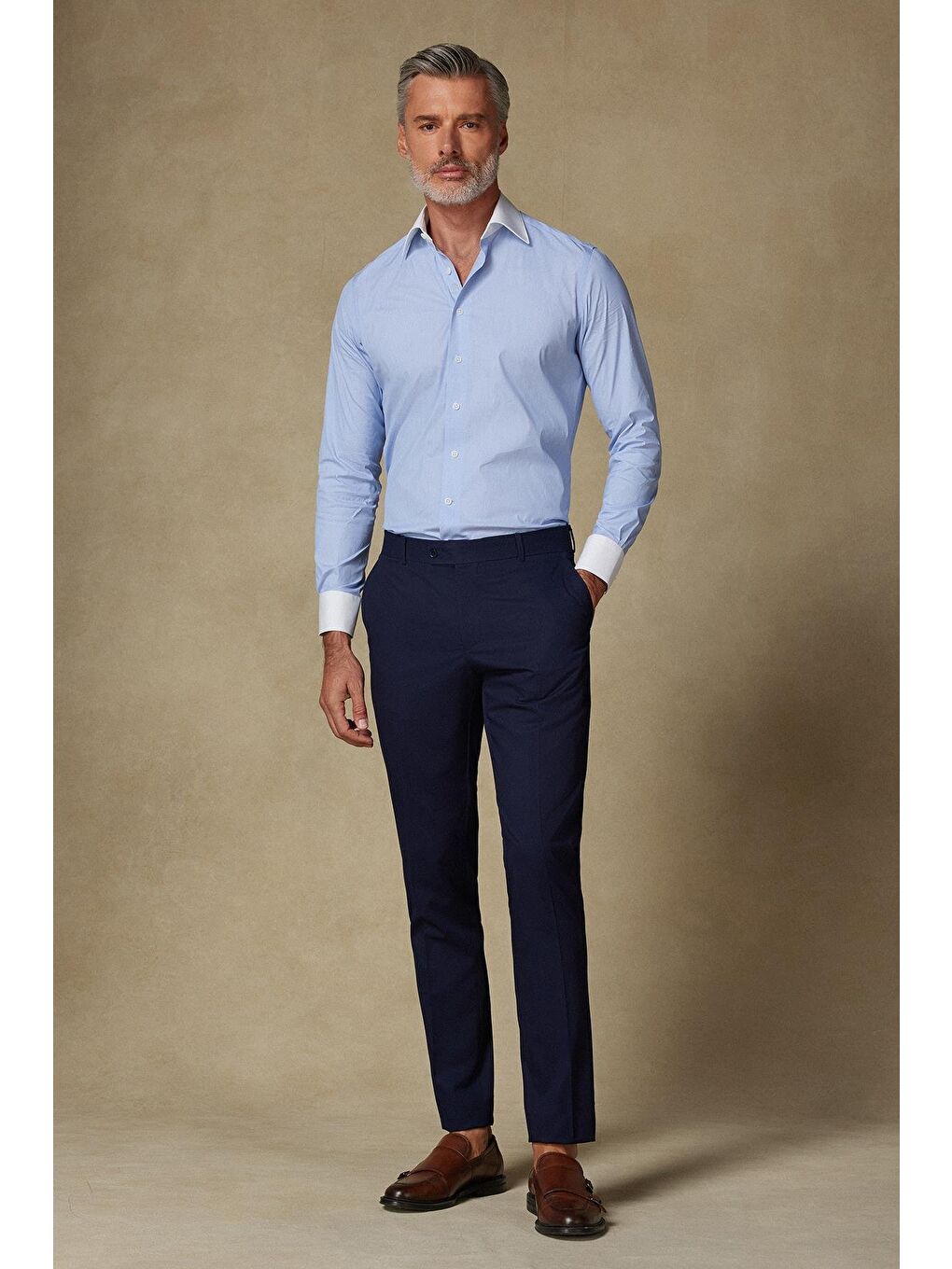 Sartoria Poplin Stretch Pamuk Karışımlı Slim Fit Mavi İtalyan Yaka Erkek Düz Gömlek-2