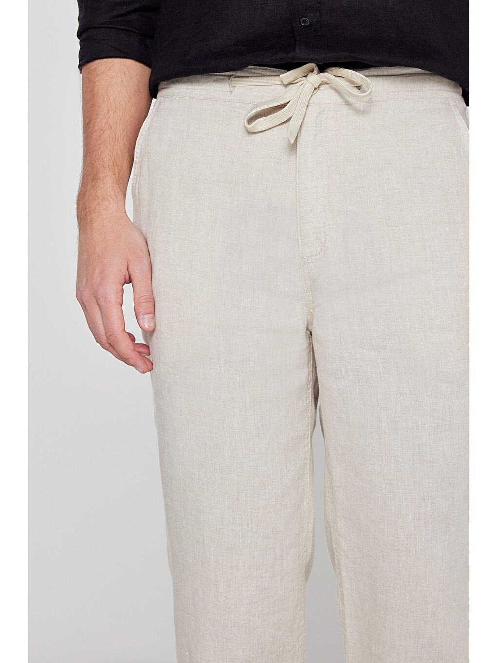 Bej %100 Keten Regular Fit Cepli Erkek Pantolon-4
