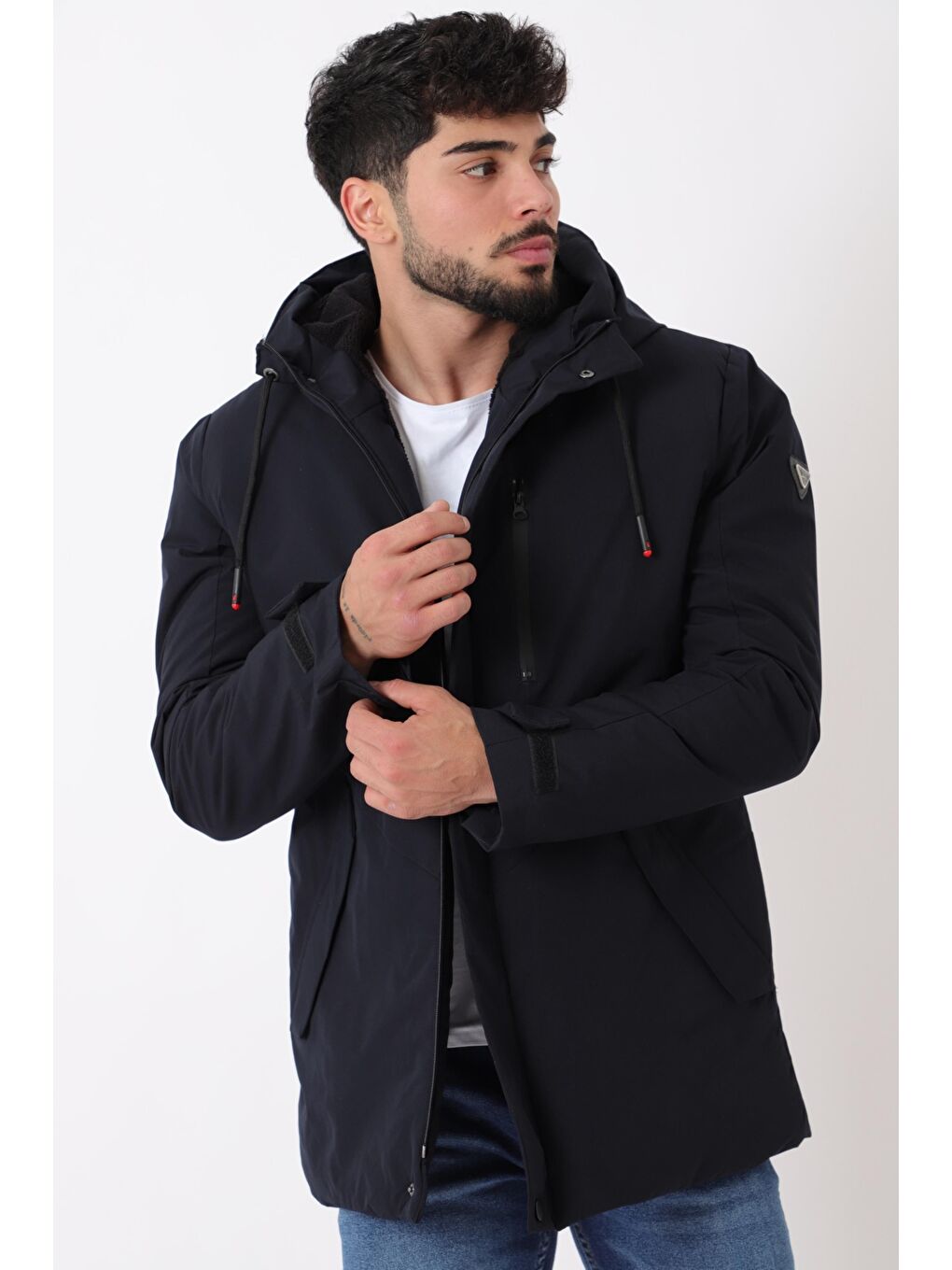 Lacivert Sporlikra Kumaş Tasarım Cep Kışlık Kapüşonlu Mont PLDP 3013_50458-1