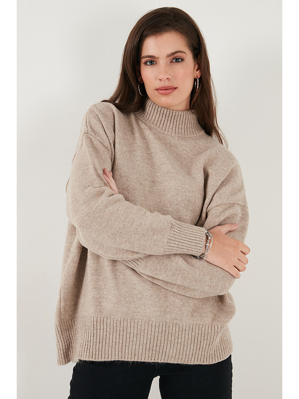 Kahverengi Oversize Fit Balıkçı Yaka Yumuşak Dokulu 2'li Paket Triko Kazak 680KZ00469S2-2