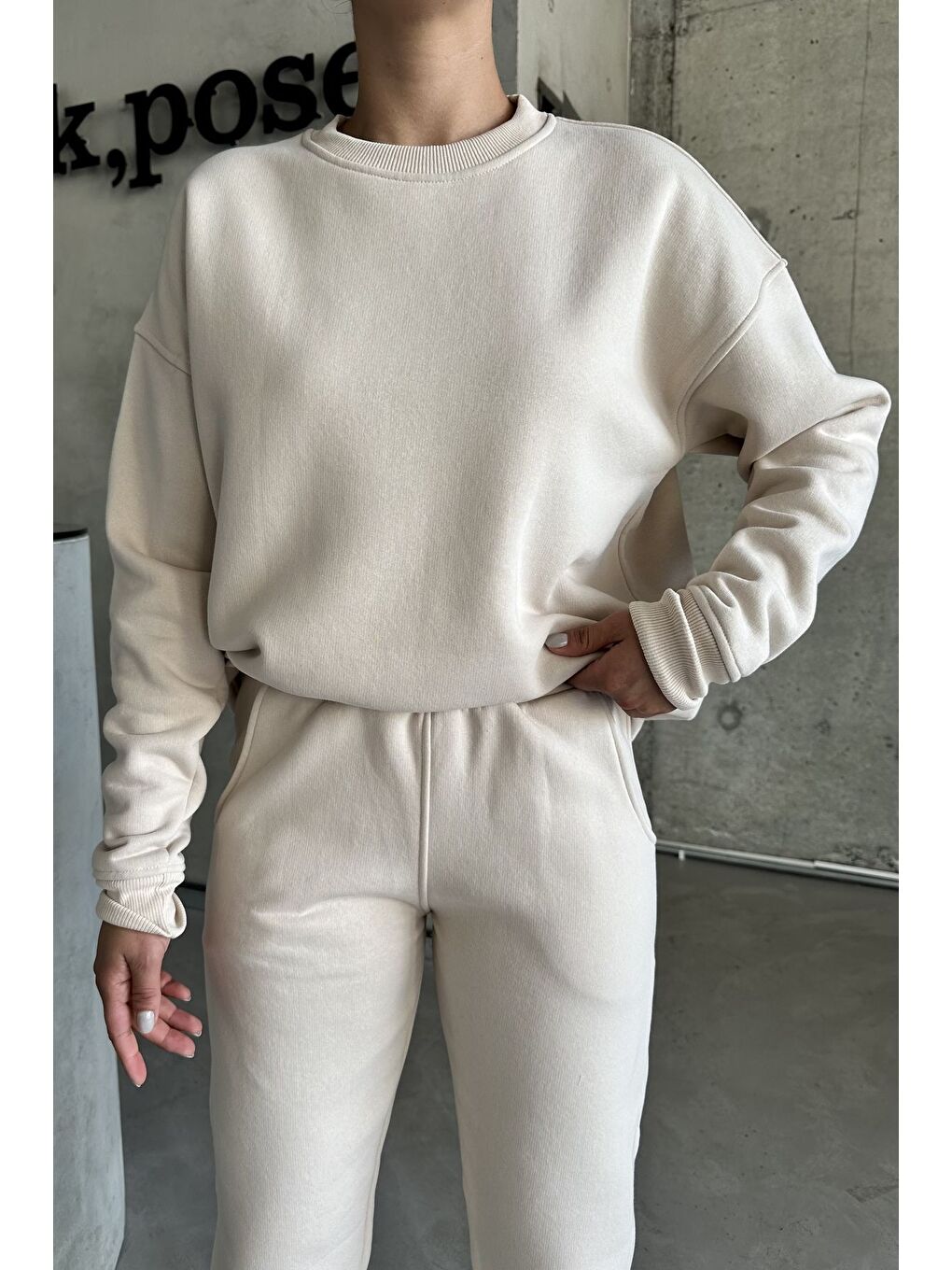 Kadın Erkek Bej Bisiklet Yaka Düz Oversize Alt-Üst Eşofman Takımı-2