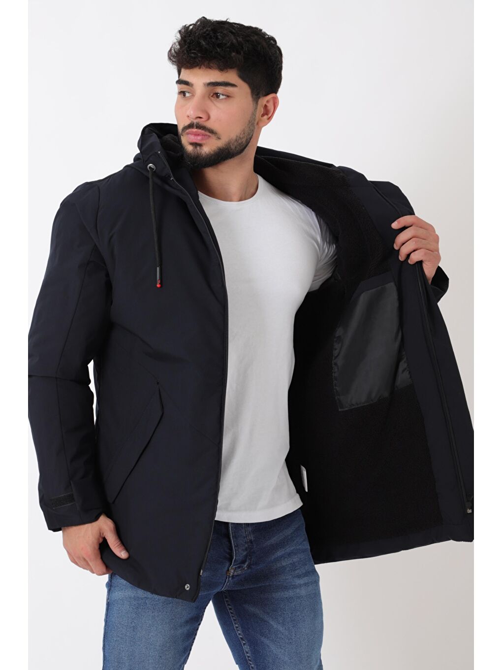 Lacivert Sporlikra Kumaş Tasarım Cep Kışlık Kapüşonlu Mont PLDP 3013_50458-2