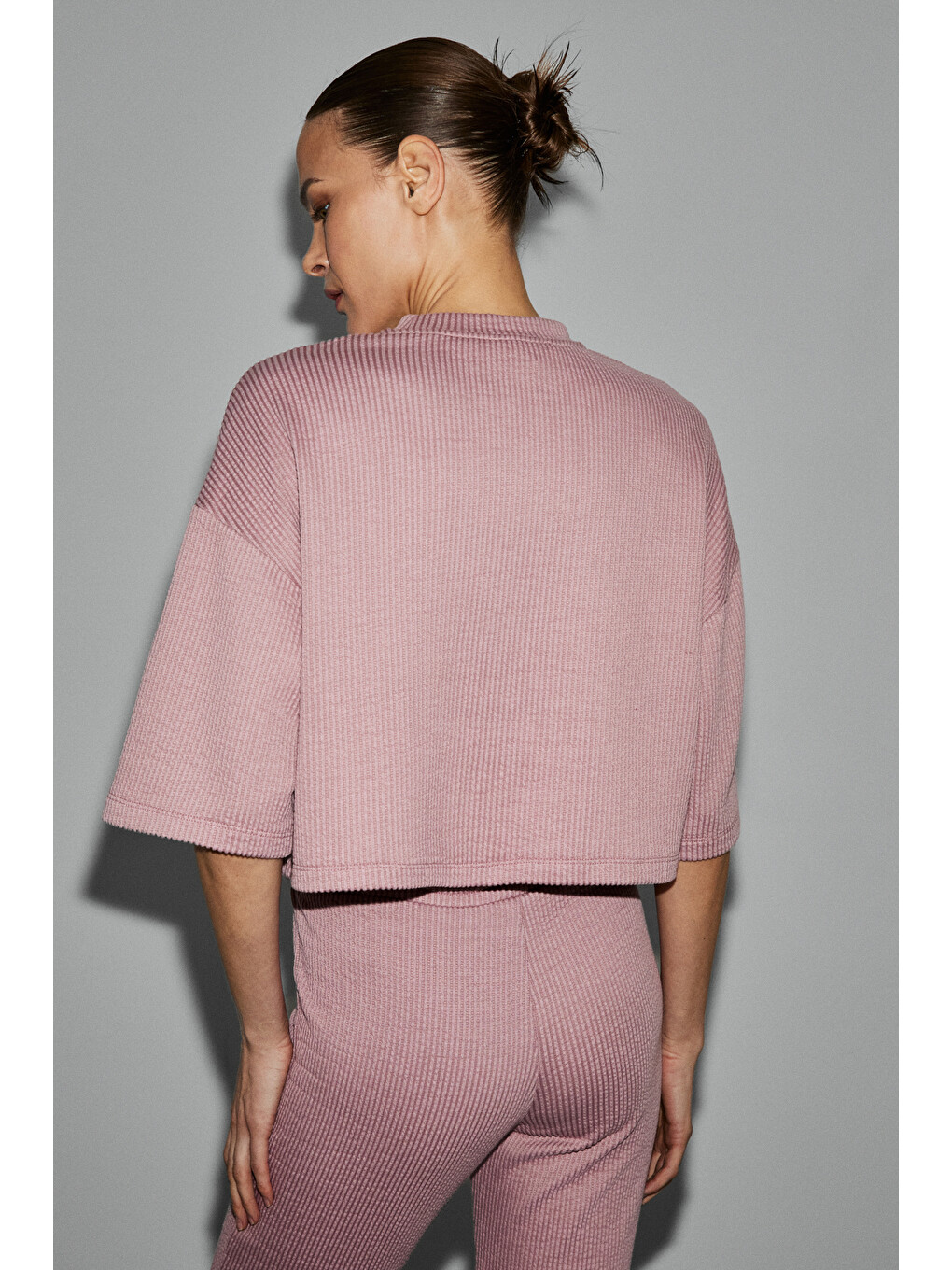 Prıme Kadın Organik Pamuklu Bisiklet Yaka Kısa Kollu Oversize Crop Pembe T-shirt-4