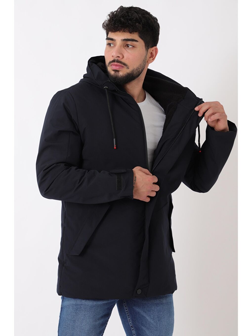 Lacivert Sporlikra Kumaş Tasarım Cep Kışlık Kapüşonlu Mont PLDP 3013_50458-3