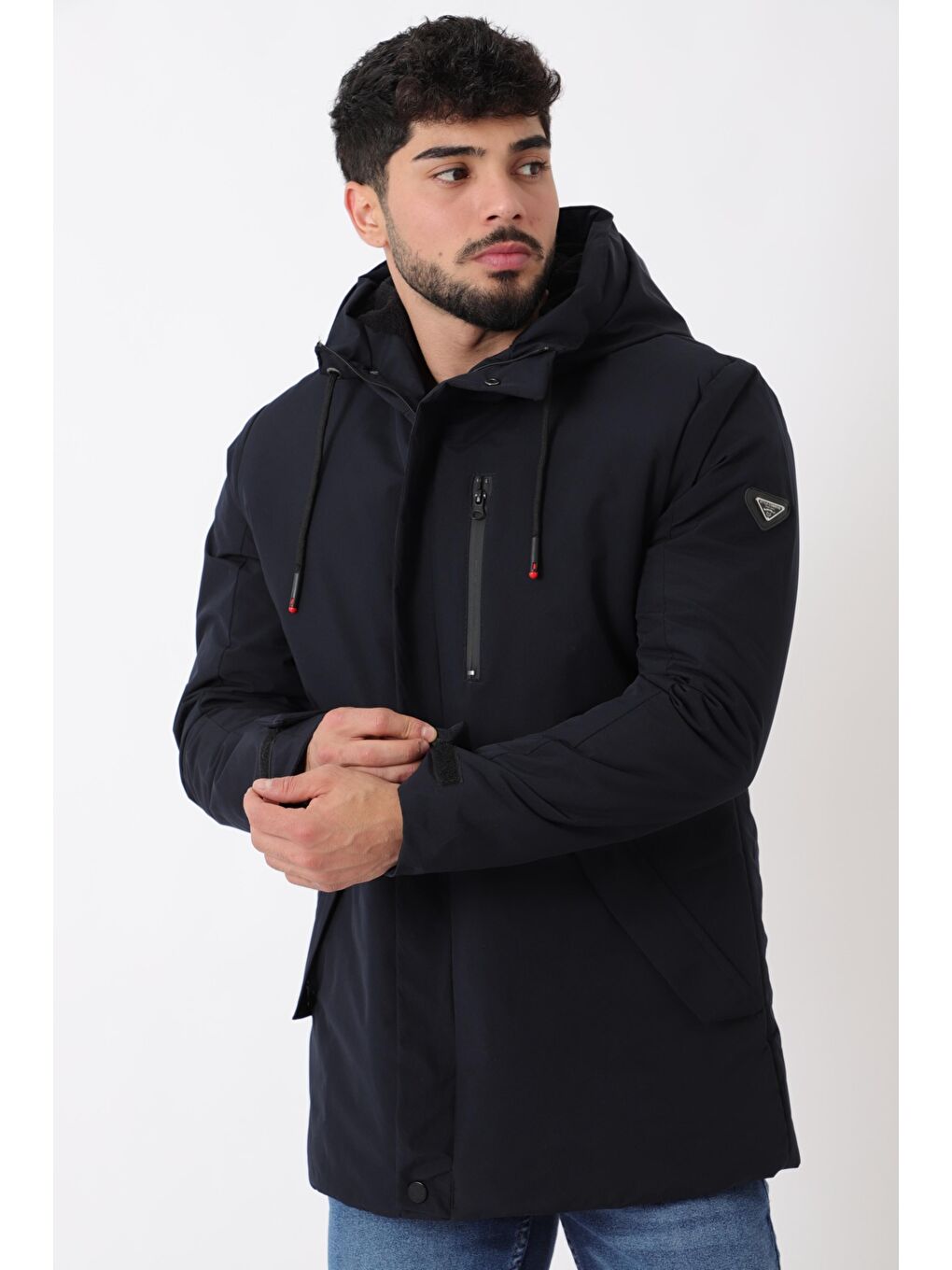 Lacivert Sporlikra Kumaş Tasarım Cep Kışlık Kapüşonlu Mont PLDP 3013_50458-4