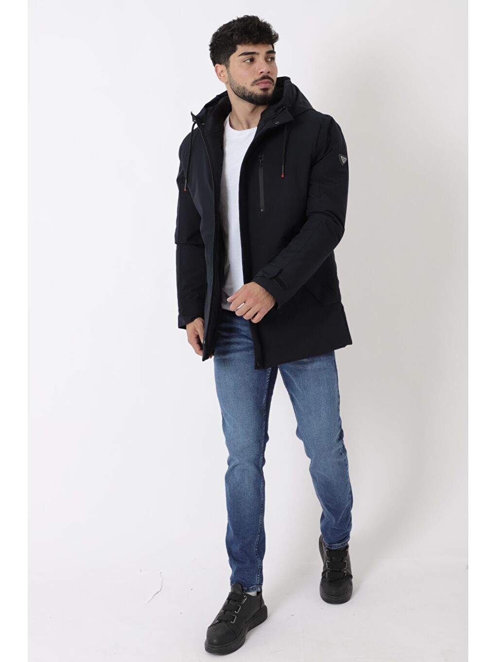 Lacivert Sporlikra Kumaş Tasarım Cep Kışlık Kapüşonlu Mont PLDP 3013_50458-5