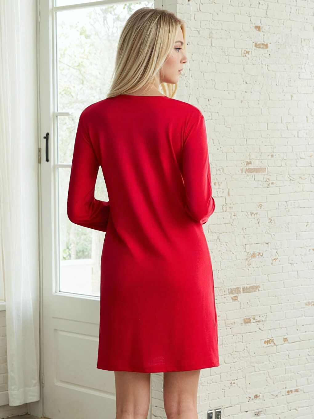 Day Baskılı Kırmızı Kadın Gecelik-1