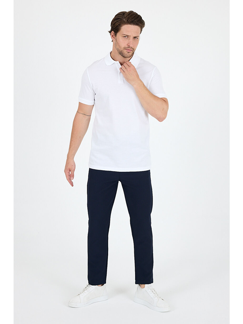 Beyaz Polo Yaka Kısa Kollu Pike Erkek %100 Pamuk Tişört-1