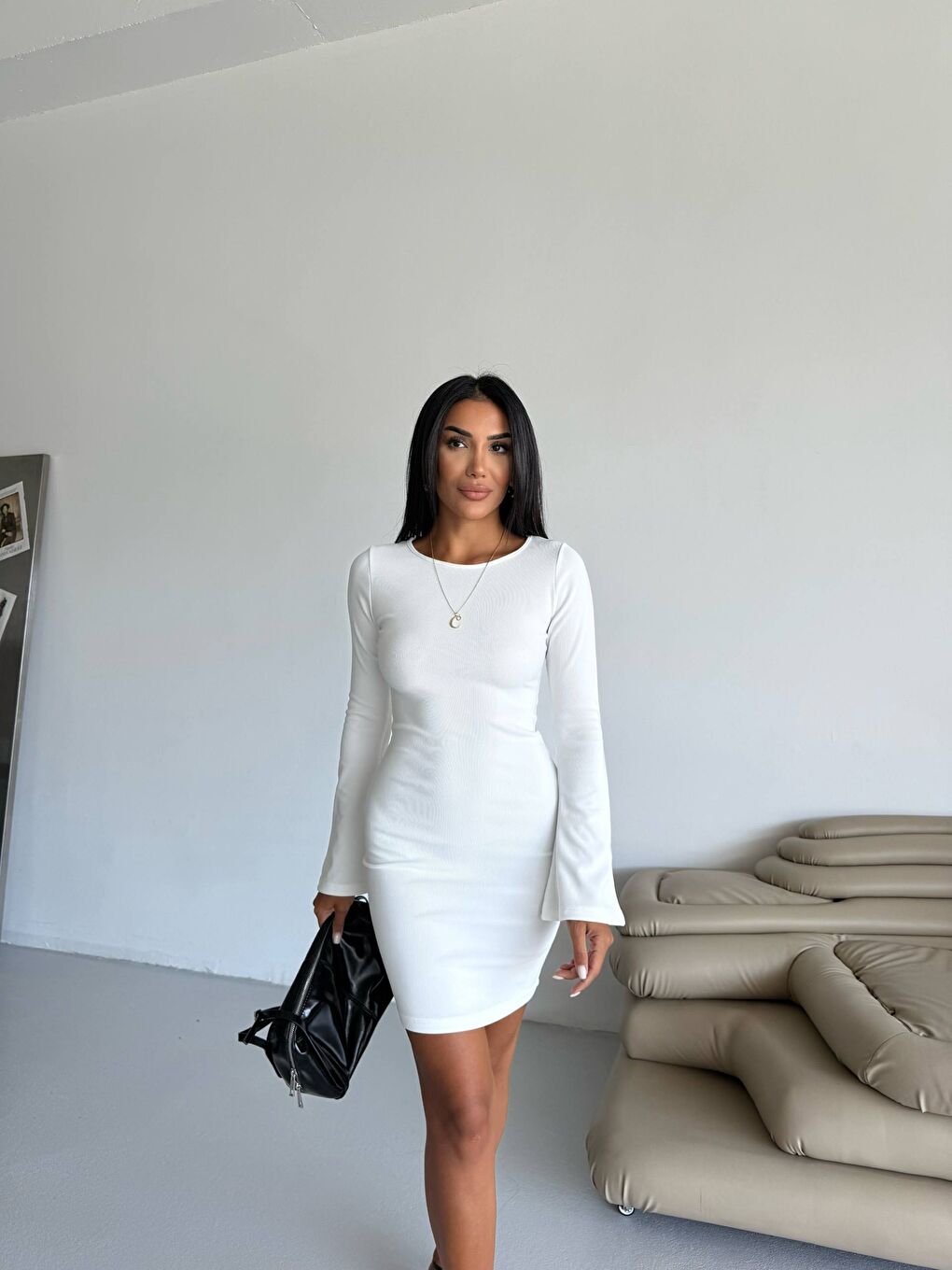 Ottoman Kumaş Kol Detay Beyaz Elbise