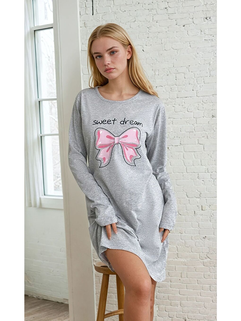 Sweet Dream Kurdele Desenli Gri Kadın Gecelik-1