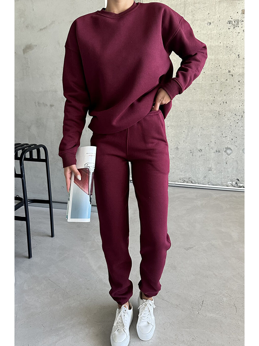 Kadın Erkek Bordo Bisiklet Yaka Düz Oversize Alt-Üst Eşofman Takımı-1