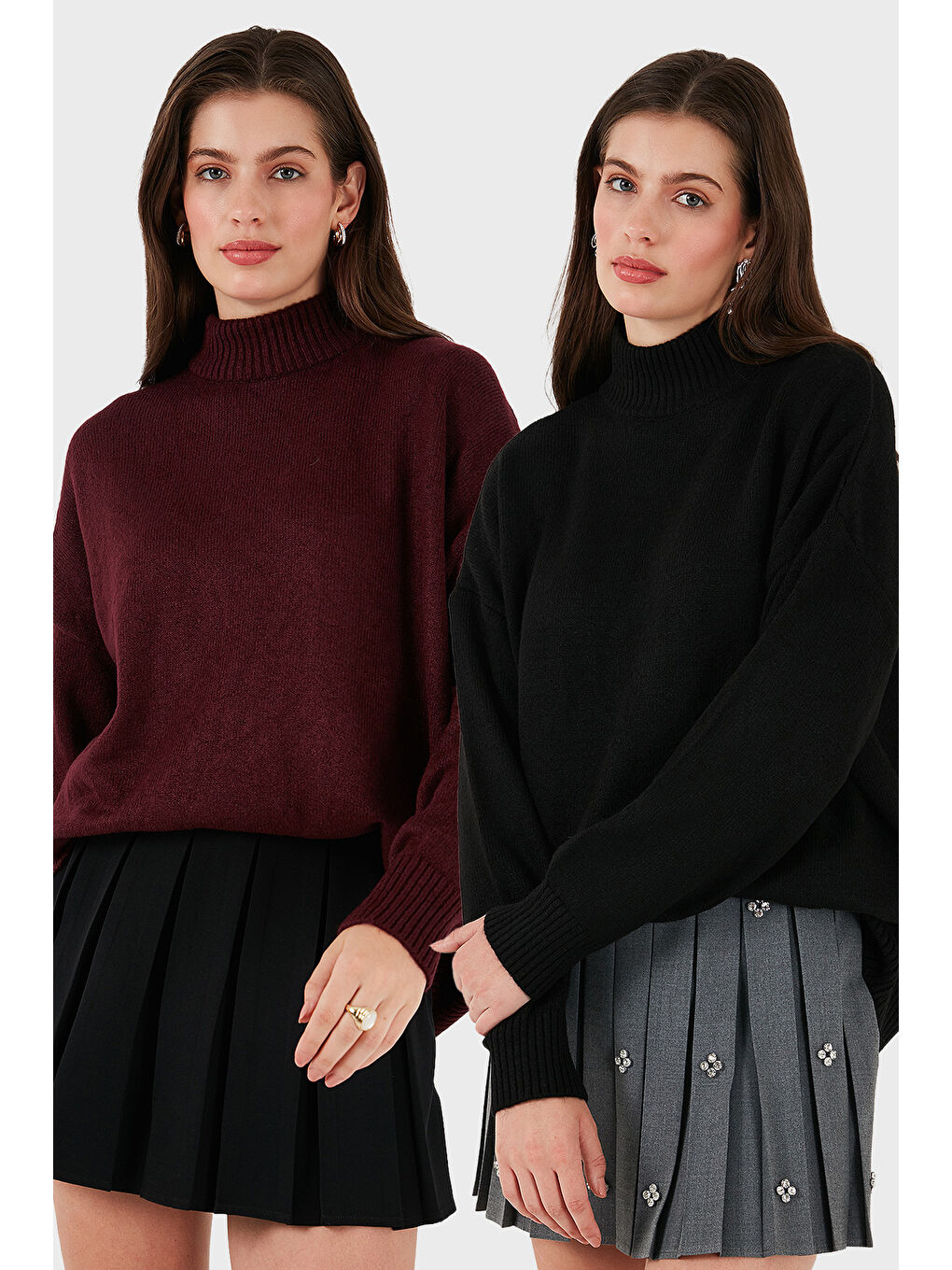 Bordo Oversize Fit Balıkçı Yaka Yumuşak Dokulu 2'li Paket Triko Kazak 680KZ00469S2