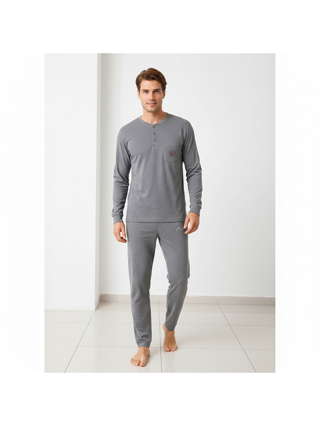 Erkek Pamuklu Koyu Gri Renk Pijama Takımı Al007 V2-2
