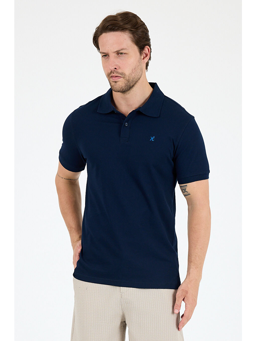 Lacivert Polo Yaka Kısa Kollu Pike Erkek %100 Pamuk Tişört-1