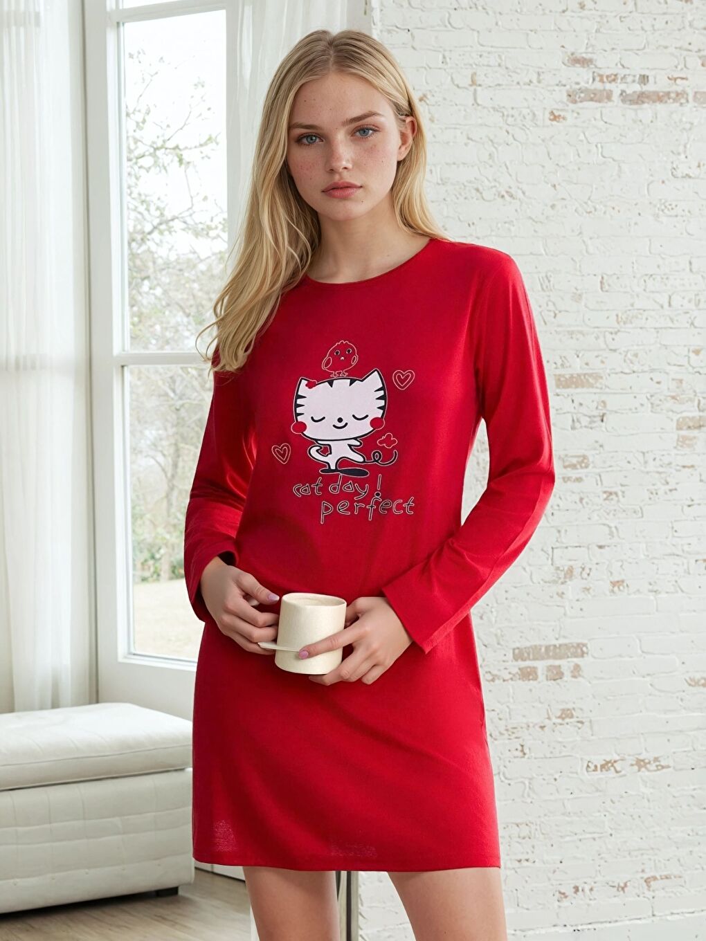 Day Baskılı Kırmızı Kadın Gecelik-2