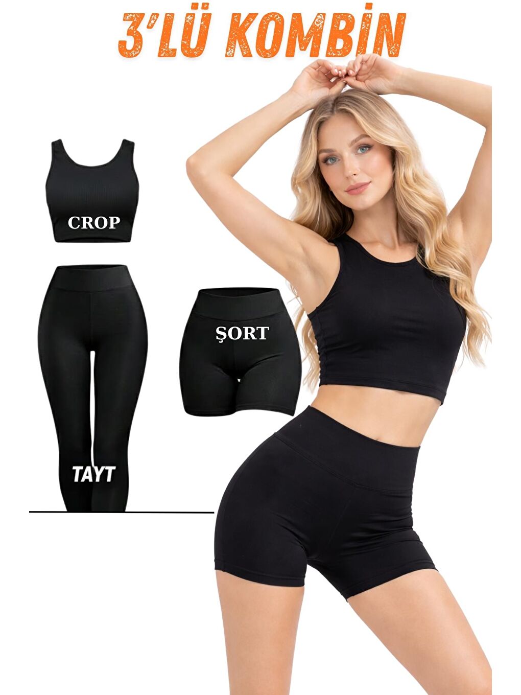 Kadın Siyah 3’Lü Spor Kombin Crop Atlet, Uzun Tayt Ve Şort Tayt Esnek, Toparlayıcı, Günlük