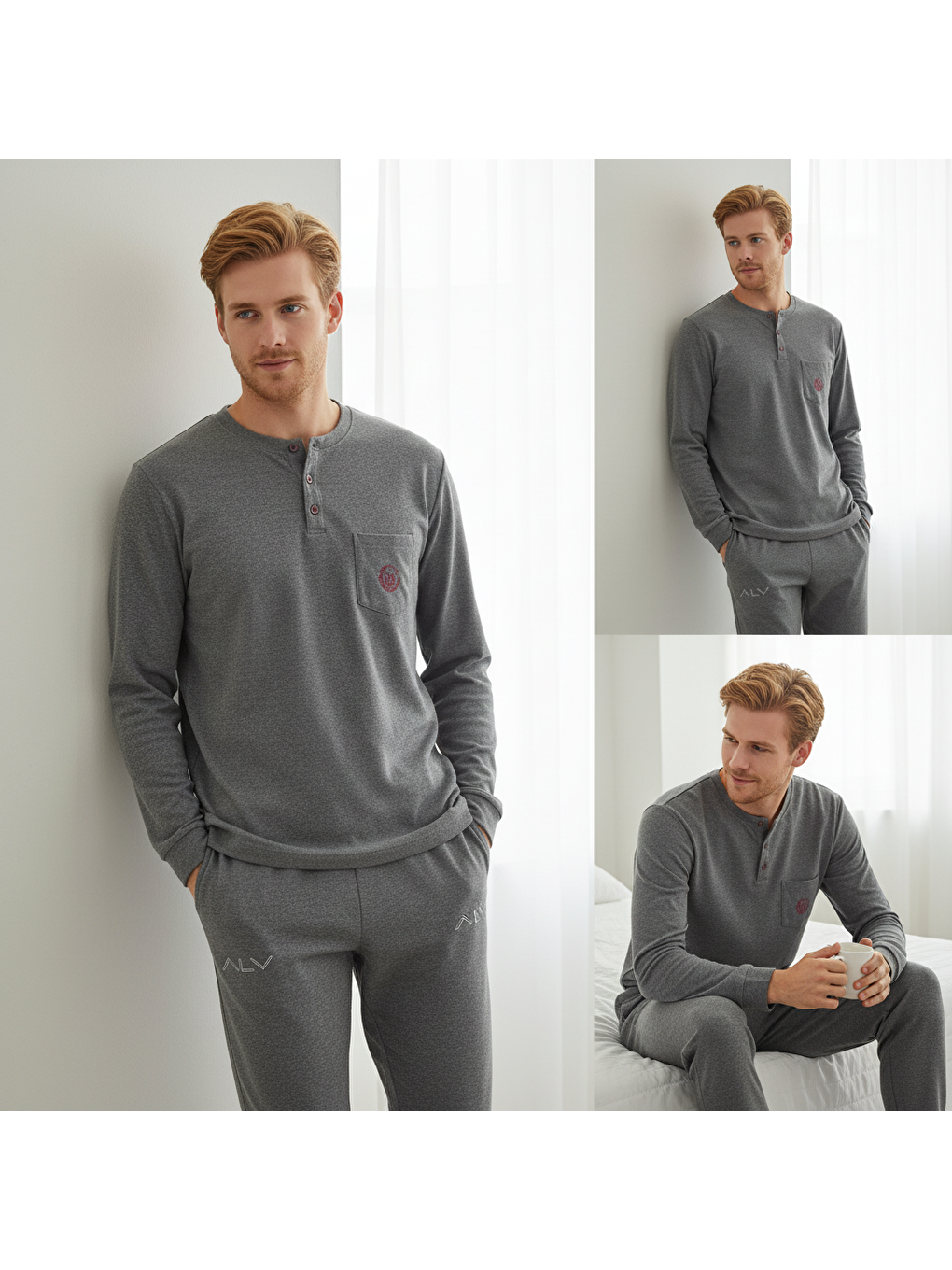 Erkek Pamuklu Koyu Gri Renk Pijama Takımı Al007 V2-3