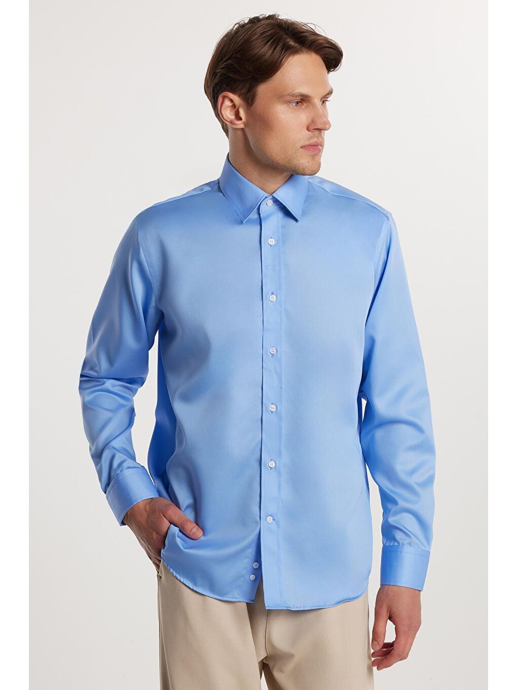 Regular Fit Mavi Non-Iron %100 Pamuk Doğa Dostu Ekoteks Belgeli Ütü Gerektirmez Gömlek