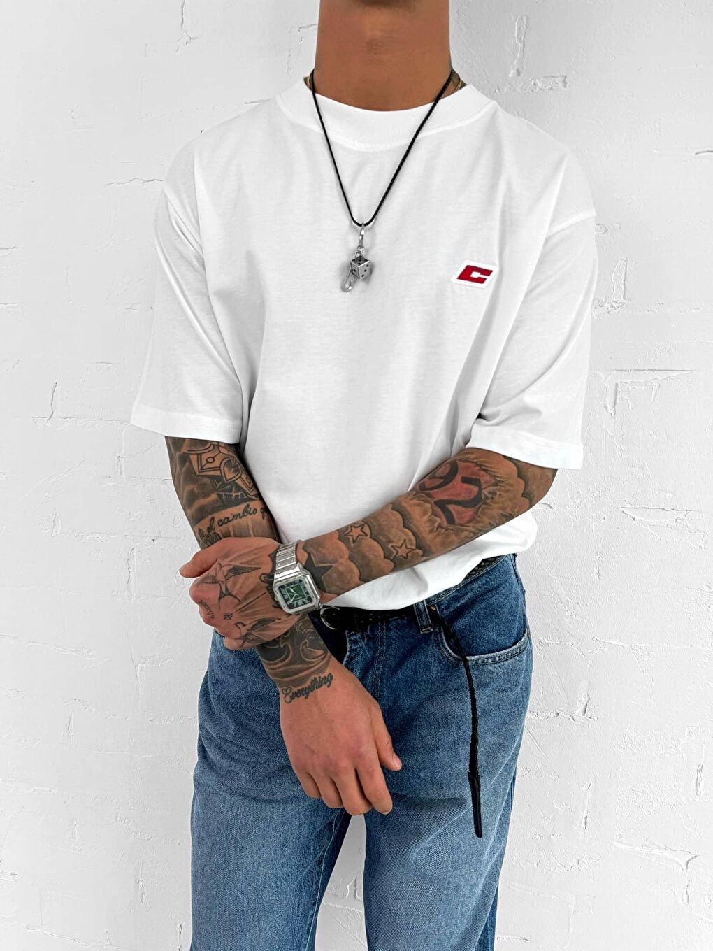 Erkek Oversize Nakışlı Tişört Beyaz