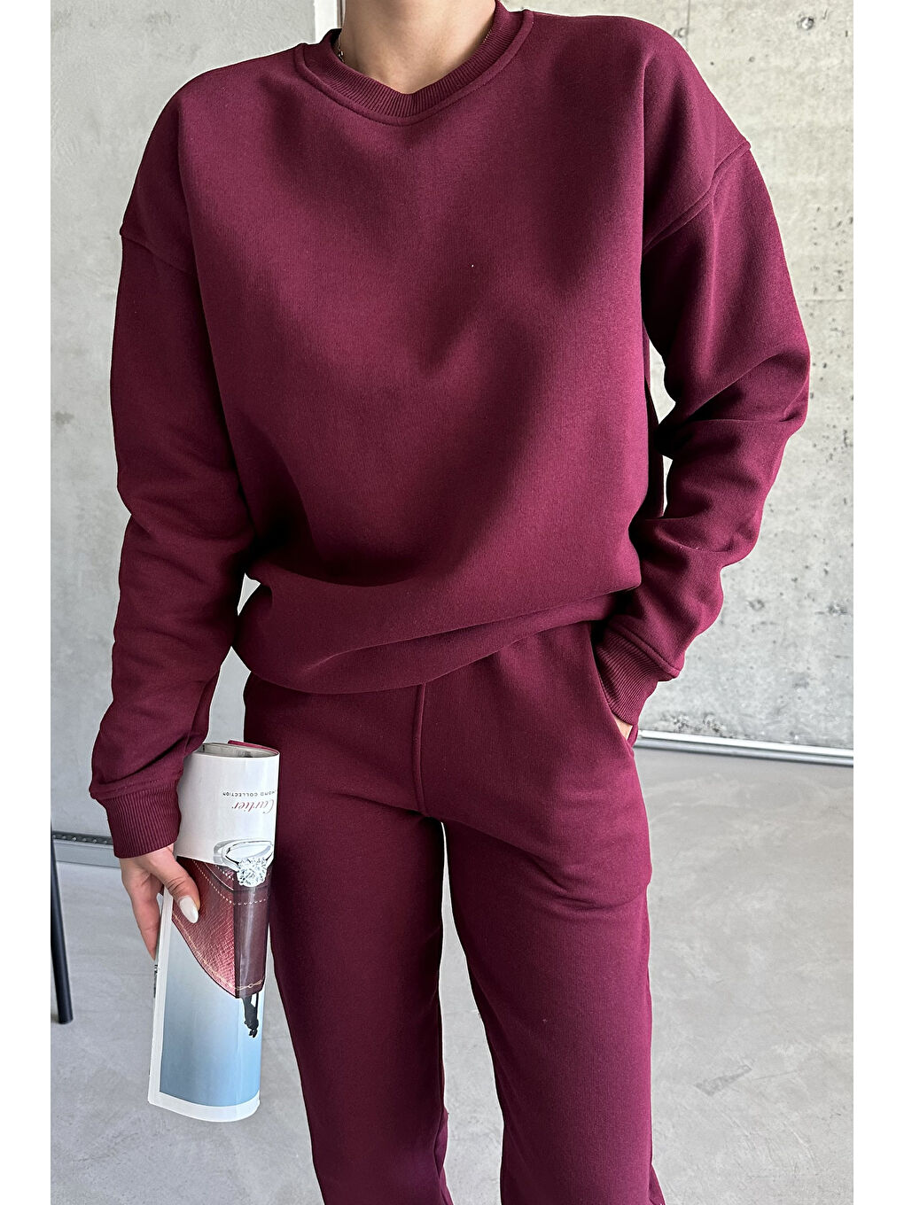 Kadın Erkek Bordo Bisiklet Yaka Düz Oversize Alt-Üst Eşofman Takımı-2