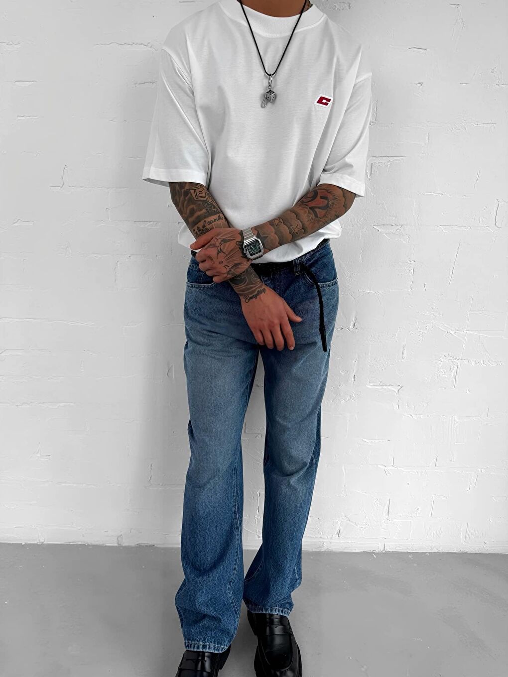 Erkek Oversize Nakışlı Tişört Beyaz-1